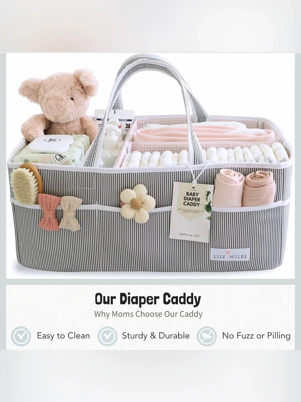 Lily Miles Grey/Blush Large Diaper Caddy NWT